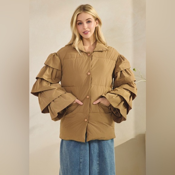 #116 Ruffle Mocha Puffer Jacket - Picture 4 of 6